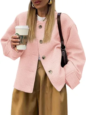 Tweed Jackets for Women 2024 Fall Long Sleeve Business Button Down Casual Cropped Blazer with Pockets