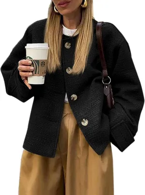 Tweed Jackets for Women 2024 Fall Long Sleeve Business Button Down Casual Cropped Blazer with Pockets