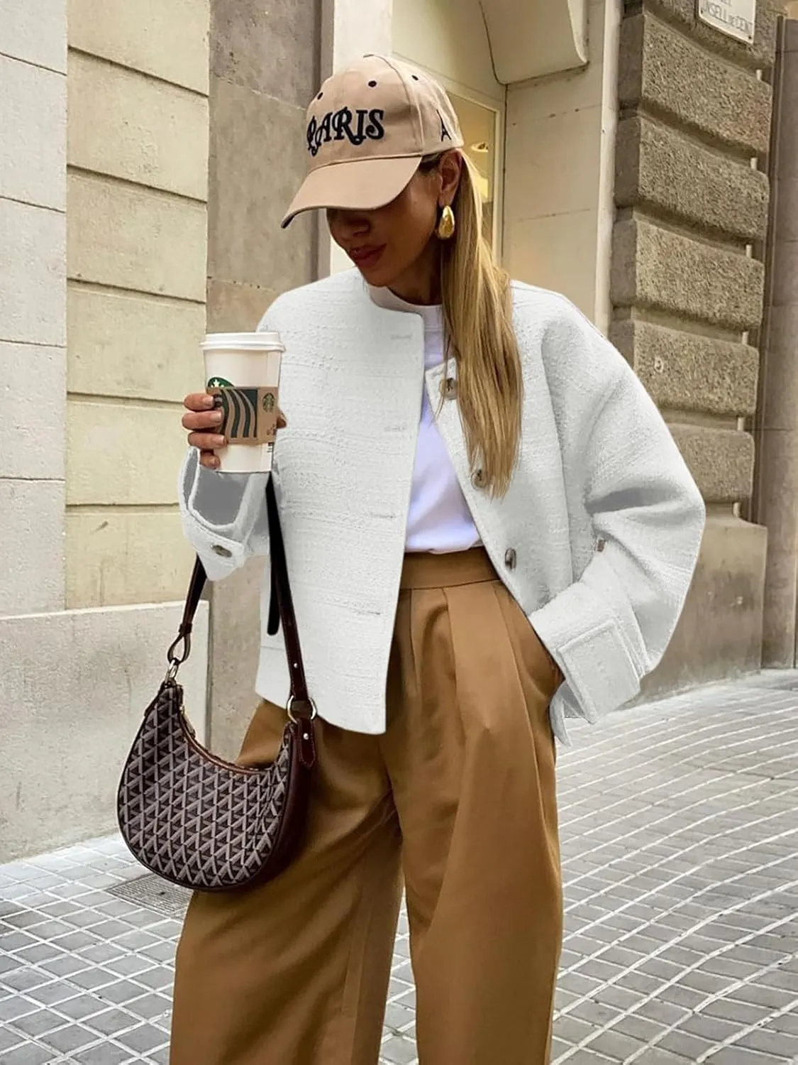 Tweed Jackets for Women 2024 Fall Long Sleeve Business Button Down Casual Cropped Blazer with Pockets