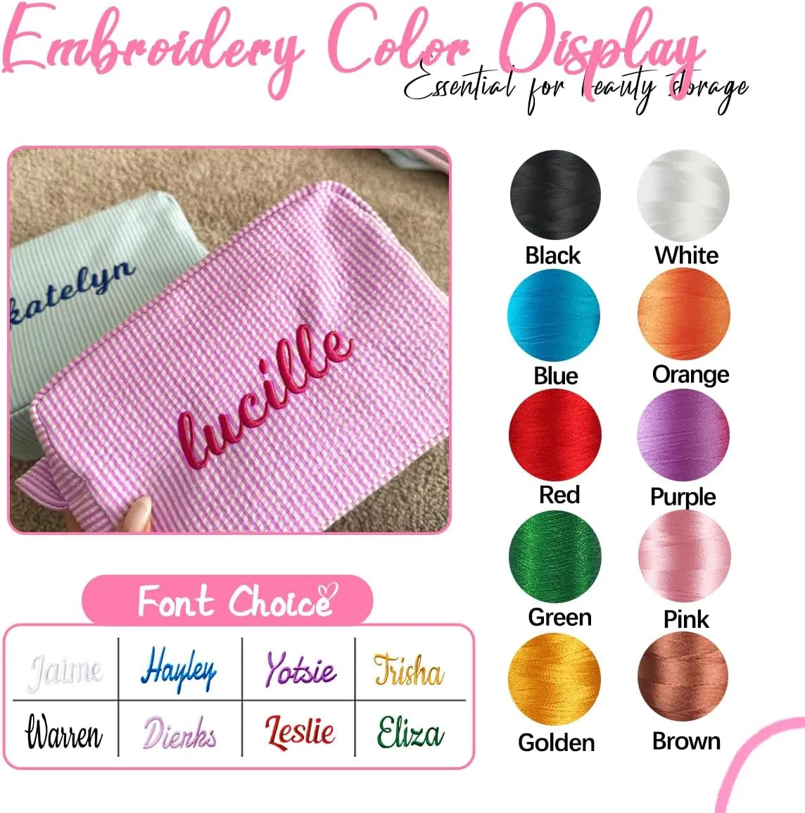 Ulico Personalized Cosmetic Bag Embroidered Name,Custom Monogrammed Makeup BagSeersucker Travel Toiletry Bag for Women Girls