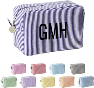 Ulico Personalized Cosmetic Bag Embroidered Name,Custom Monogrammed Makeup BagSeersucker Travel Toiletry Bag for Women Girls