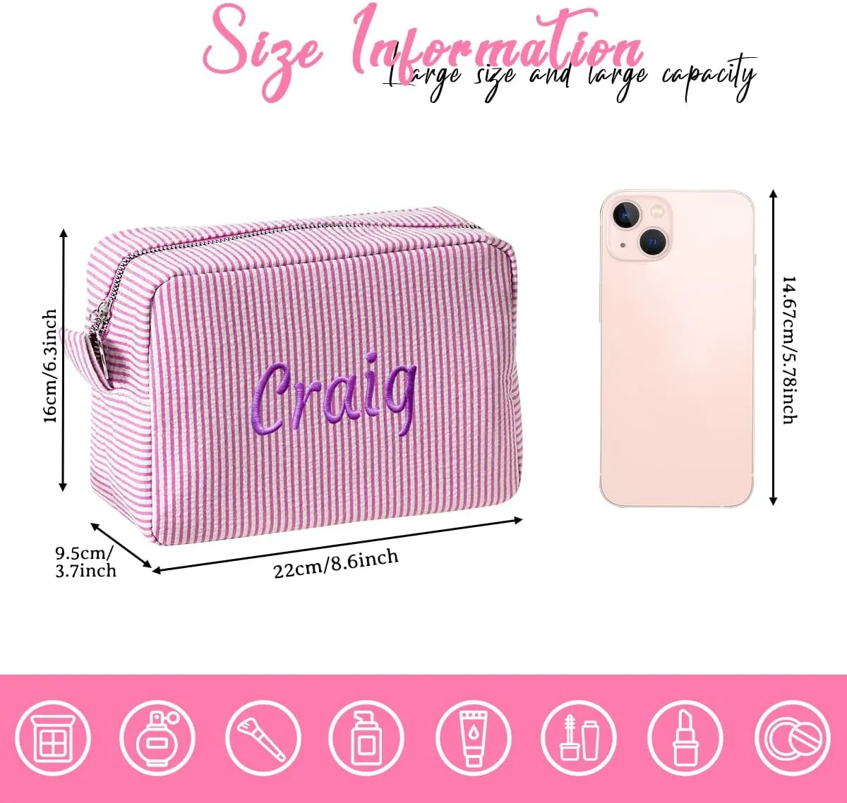 Ulico Personalized Cosmetic Bag Embroidered Name,Custom Monogrammed Makeup BagSeersucker Travel Toiletry Bag for Women Girls