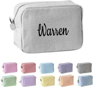 Ulico Personalized Cosmetic Bag Embroidered Name,Custom Monogrammed Makeup BagSeersucker Travel Toiletry Bag for Women Girls