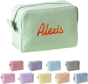 Ulico Personalized Cosmetic Bag Embroidered Name,Custom Monogrammed Makeup BagSeersucker Travel Toiletry Bag for Women Girls