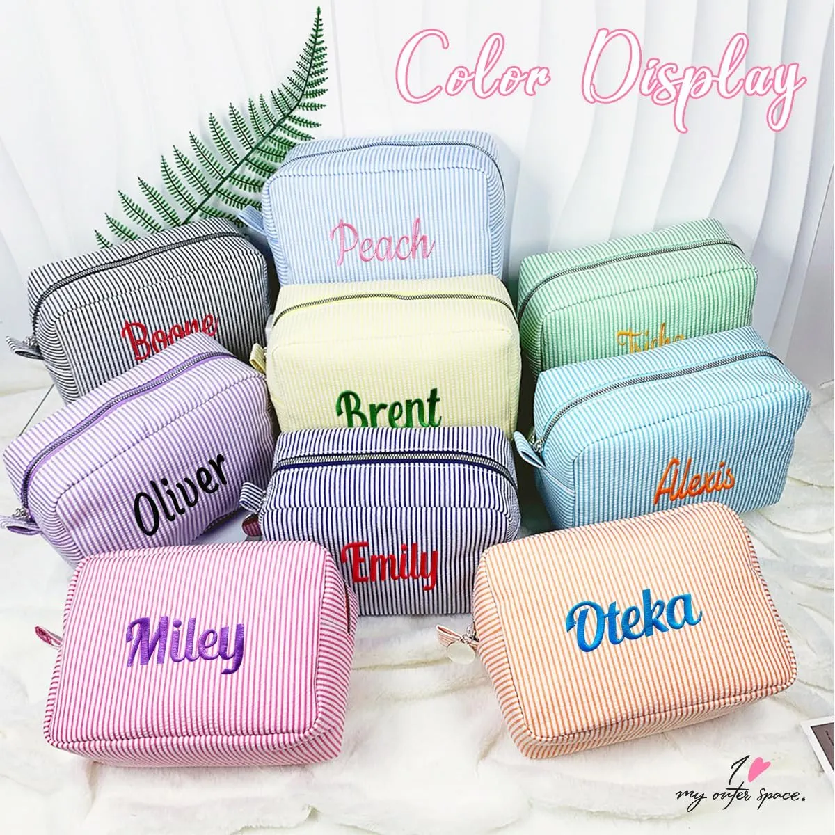 Ulico Personalized Cosmetic Bag Embroidered Name,Custom Monogrammed Makeup BagSeersucker Travel Toiletry Bag for Women Girls