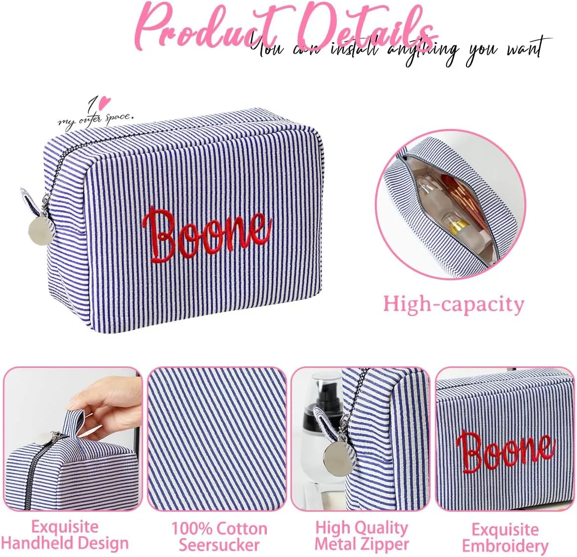 Ulico Personalized Cosmetic Bag Embroidered Name,Custom Monogrammed Makeup BagSeersucker Travel Toiletry Bag for Women Girls