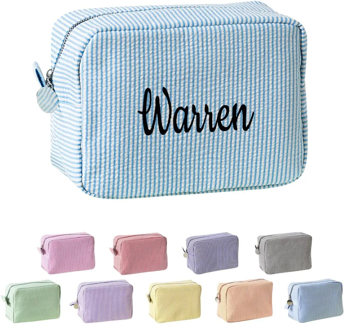 Ulico Personalized Cosmetic Bag Embroidered Name,Custom Monogrammed Makeup BagSeersucker Travel Toiletry Bag for Women Girls
