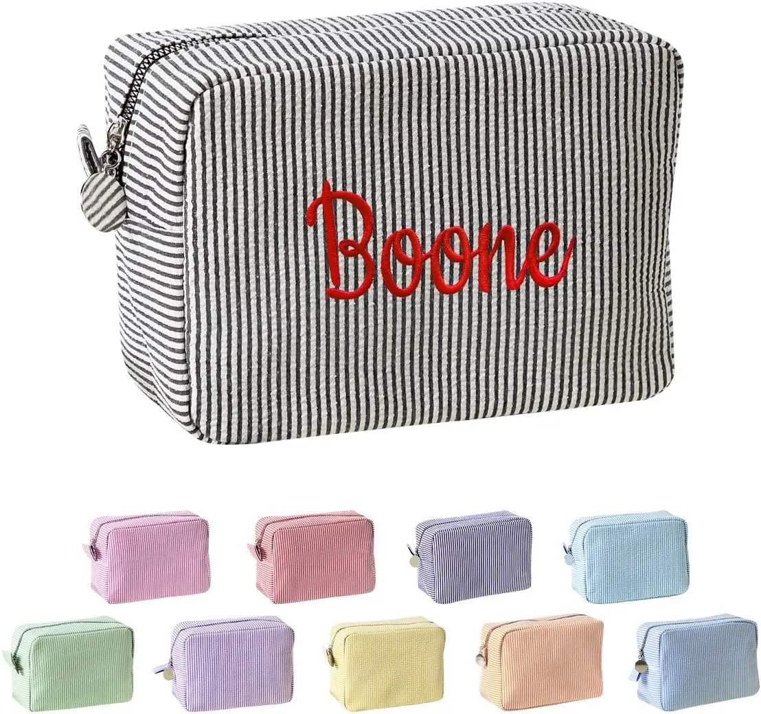 Ulico Personalized Cosmetic Bag Embroidered Name,Custom Monogrammed Makeup BagSeersucker Travel Toiletry Bag for Women Girls