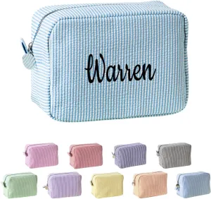 Ulico Personalized Cosmetic Bag Embroidered Name,Custom Monogrammed Makeup BagSeersucker Travel Toiletry Bag for Women Girls