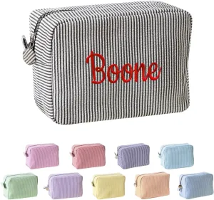 Ulico Personalized Cosmetic Bag Embroidered Name,Custom Monogrammed Makeup BagSeersucker Travel Toiletry Bag for Women Girls