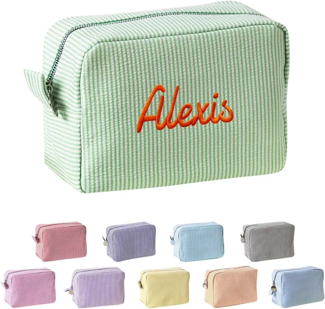 Ulico Personalized Cosmetic Bag Embroidered Name,Custom Monogrammed Makeup BagSeersucker Travel Toiletry Bag for Women Girls