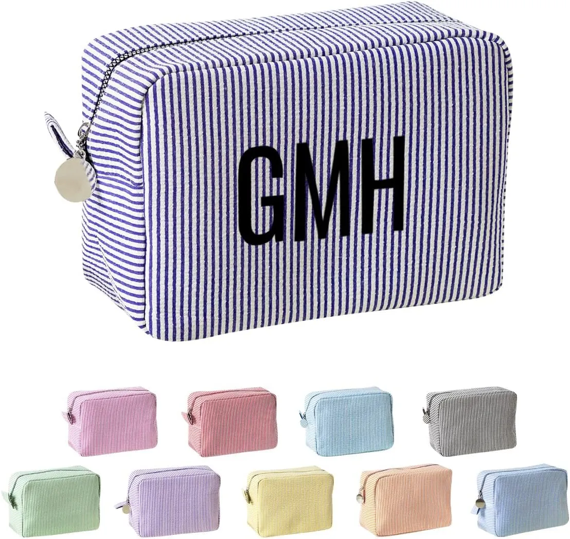 Ulico Personalized Cosmetic Bag Embroidered Name,Custom Monogrammed Makeup BagSeersucker Travel Toiletry Bag for Women Girls