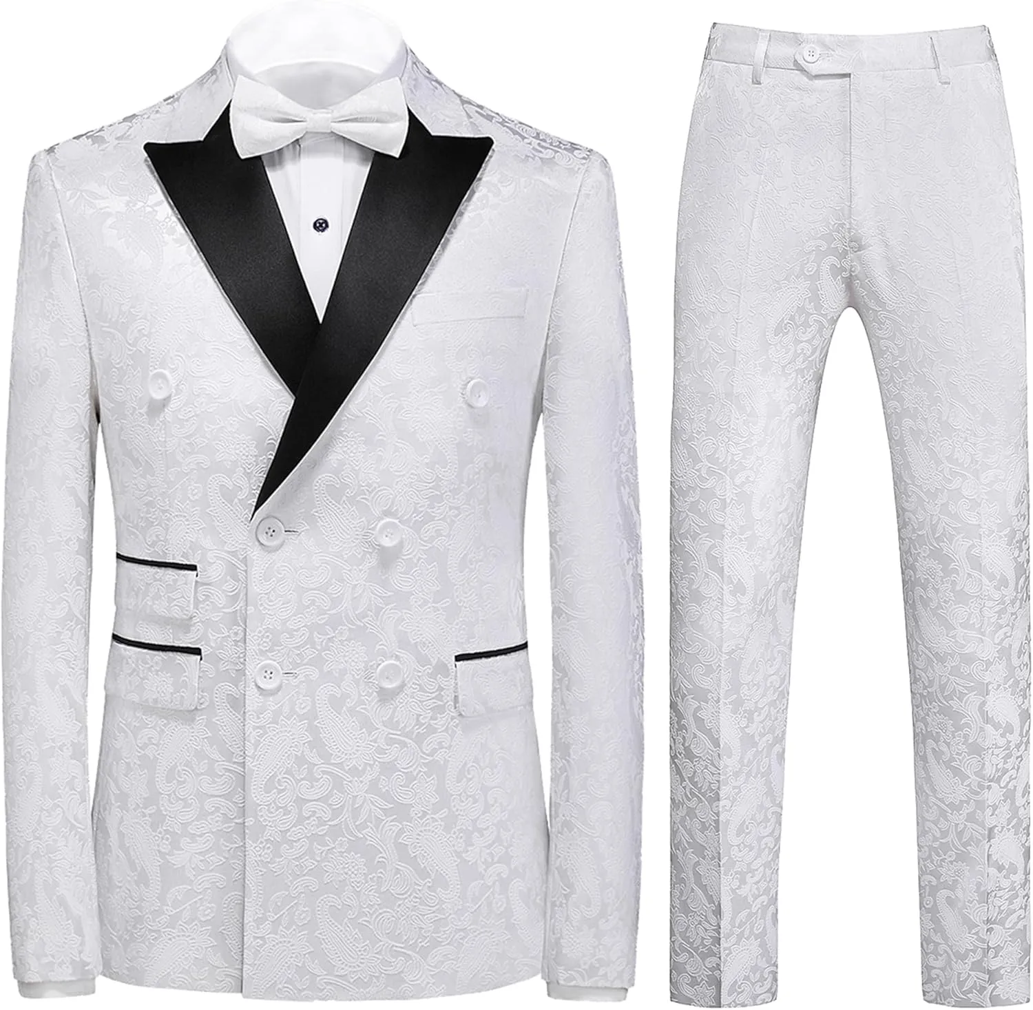 UNINUKOO Mens Suit 3 Piece Tuxedo for Men Paisley Floral Peak Lapel Double Breasted Blazer Vest Pants Set