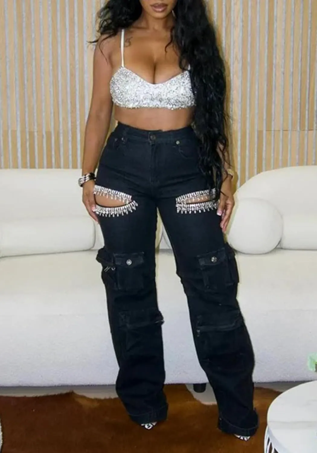 Unybwonn Women Rhinestone Cargo Jeans High Waisted Baggy Sexy Sparkly Cut Out Ripped Distressed Stretchy Denim Pants