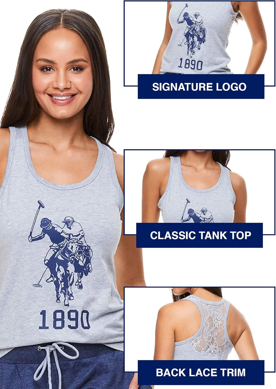 U.S. Polo Assn. Womens Lounge Set Tank Top Pajama Racerback Tank with Lace and Lounge Pant Pajamas for Women
