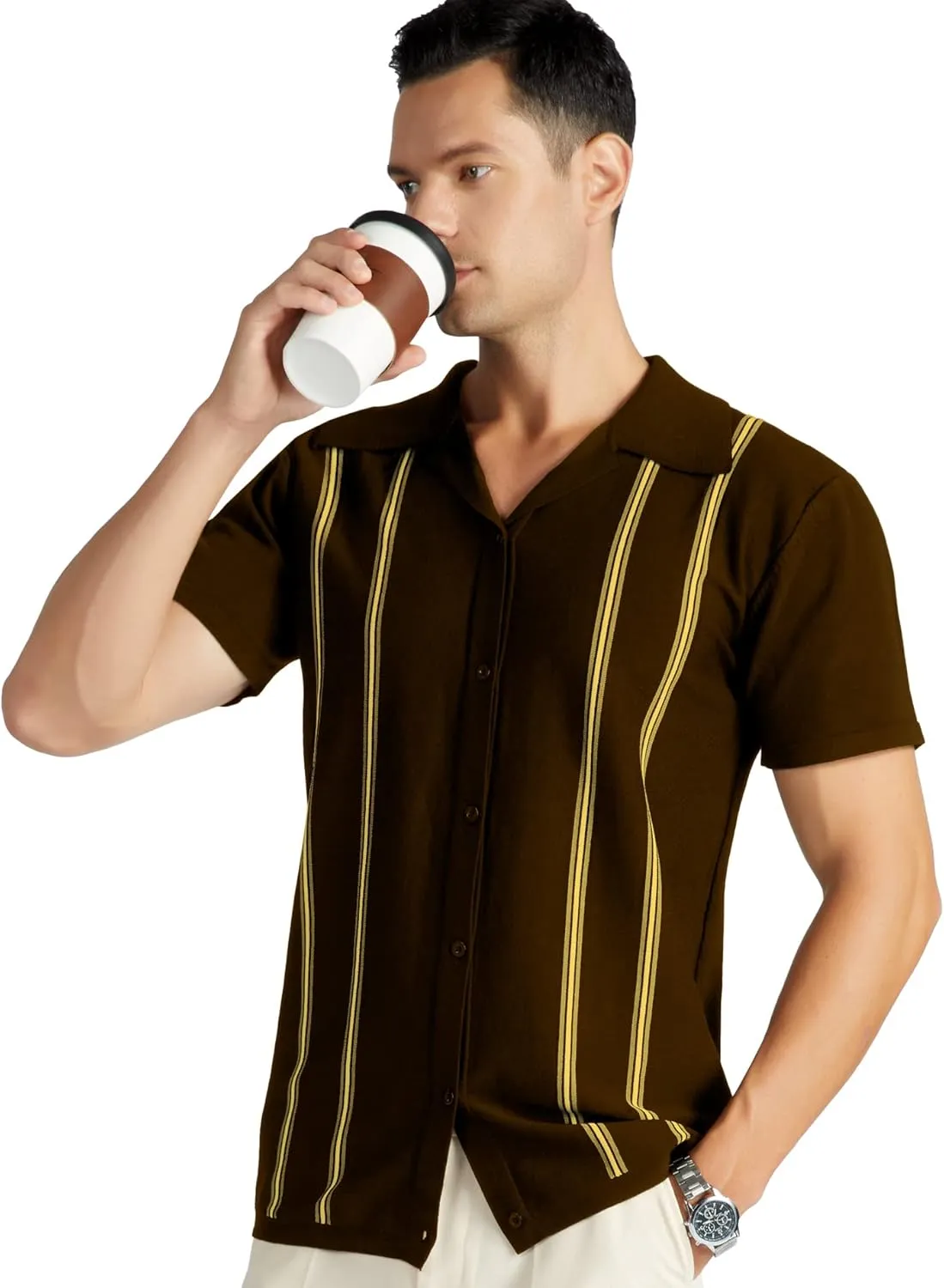 V VALANCH Men's Long/Short Sleeve Knitted Shirts Button Down Vintage Vercital Stripe Camp Collar Polo Shirt