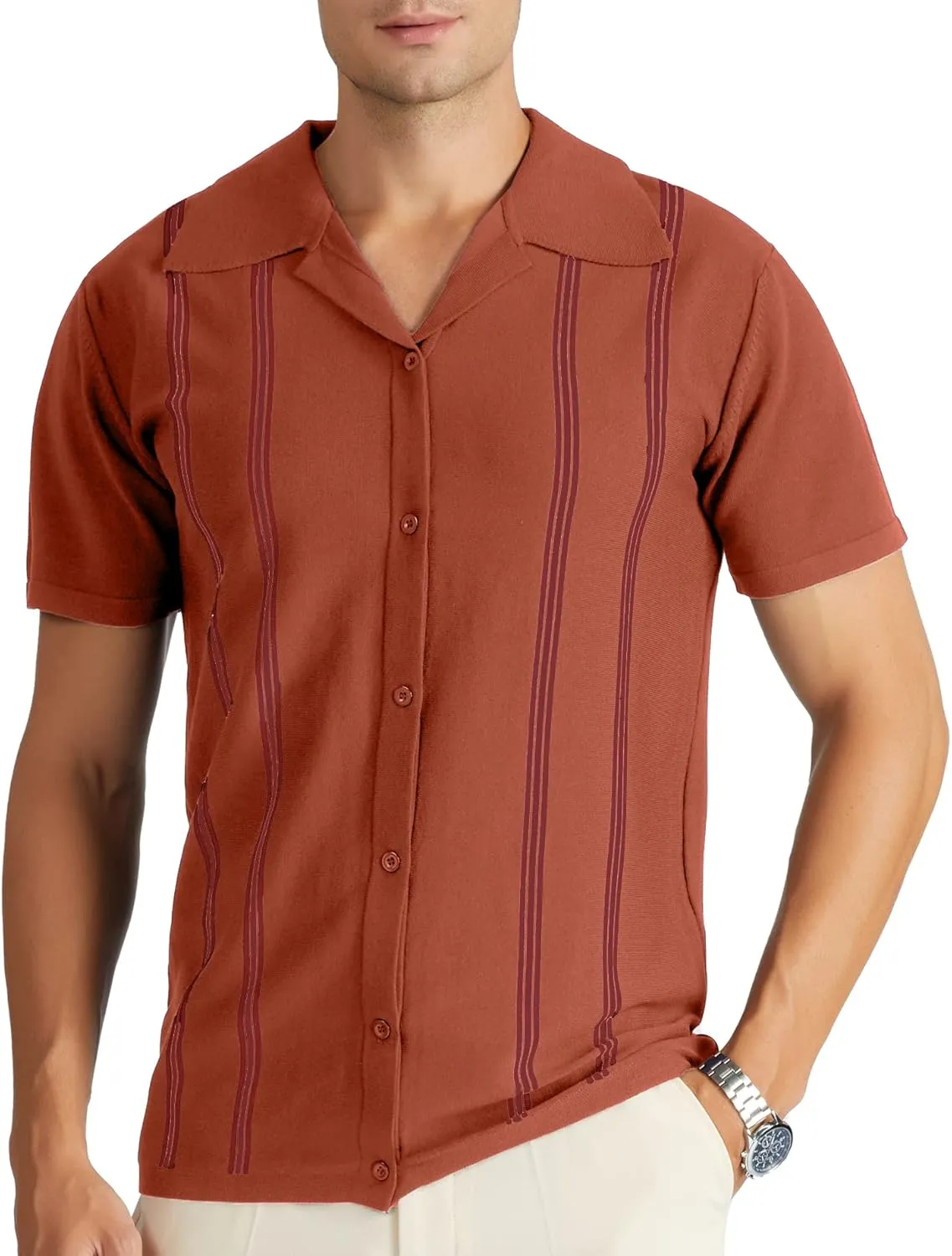 V VALANCH Men's Long/Short Sleeve Knitted Shirts Button Down Vintage Vercital Stripe Camp Collar Polo Shirt