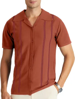 V VALANCH Men's Long/Short Sleeve Knitted Shirts Button Down Vintage Vercital Stripe Camp Collar Polo Shirt