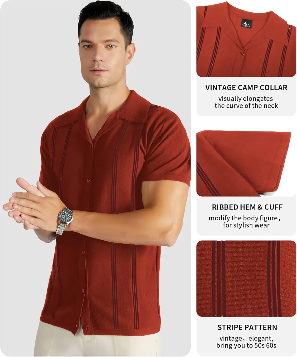 V VALANCH Men's Long/Short Sleeve Knitted Shirts Button Down Vintage Vercital Stripe Camp Collar Polo Shirt