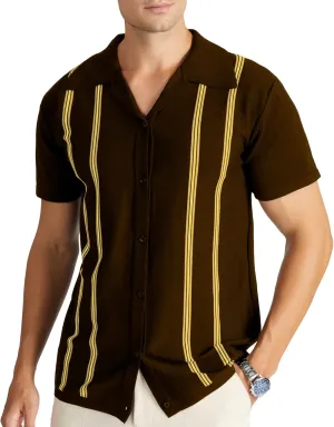 V VALANCH Men's Long/Short Sleeve Knitted Shirts Button Down Vintage Vercital Stripe Camp Collar Polo Shirt
