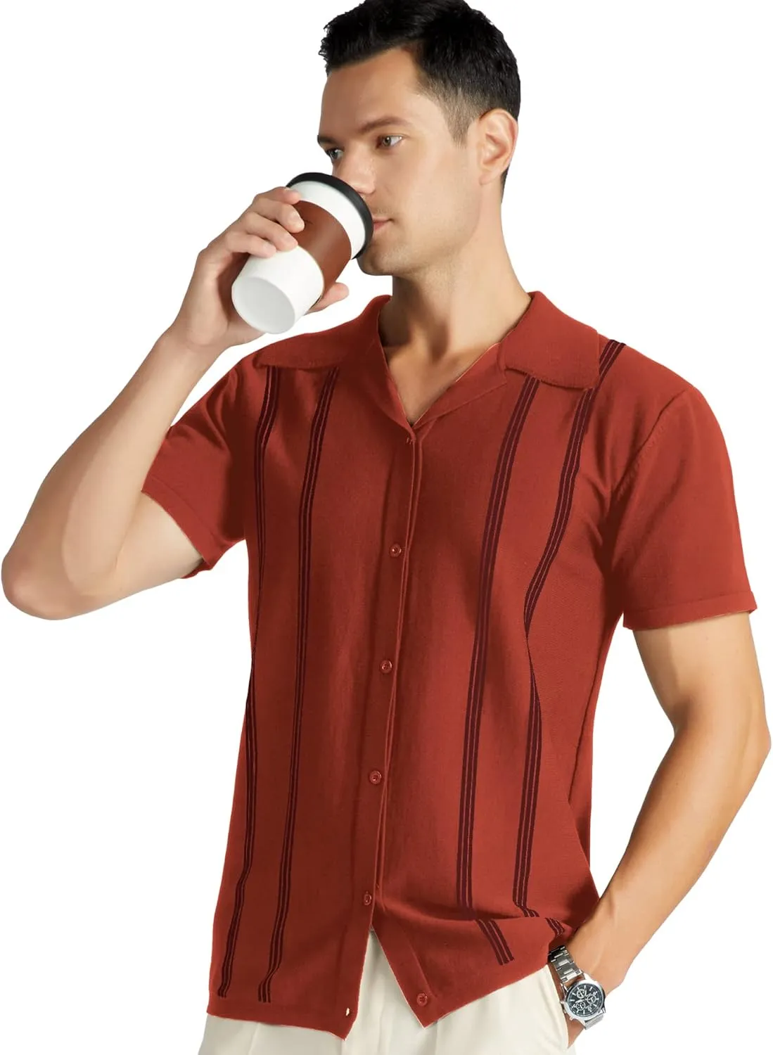 V VALANCH Men's Long/Short Sleeve Knitted Shirts Button Down Vintage Vercital Stripe Camp Collar Polo Shirt