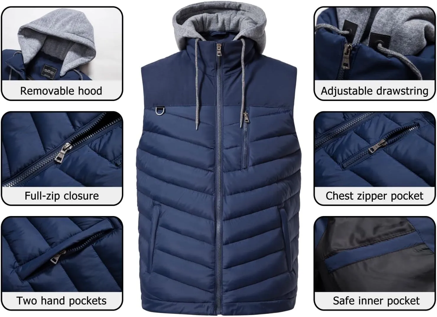 Vcansion Men's Outdoor Quilted Winter Vest Removable Hooded Puffer Sleeveless Jacket Padded Vest