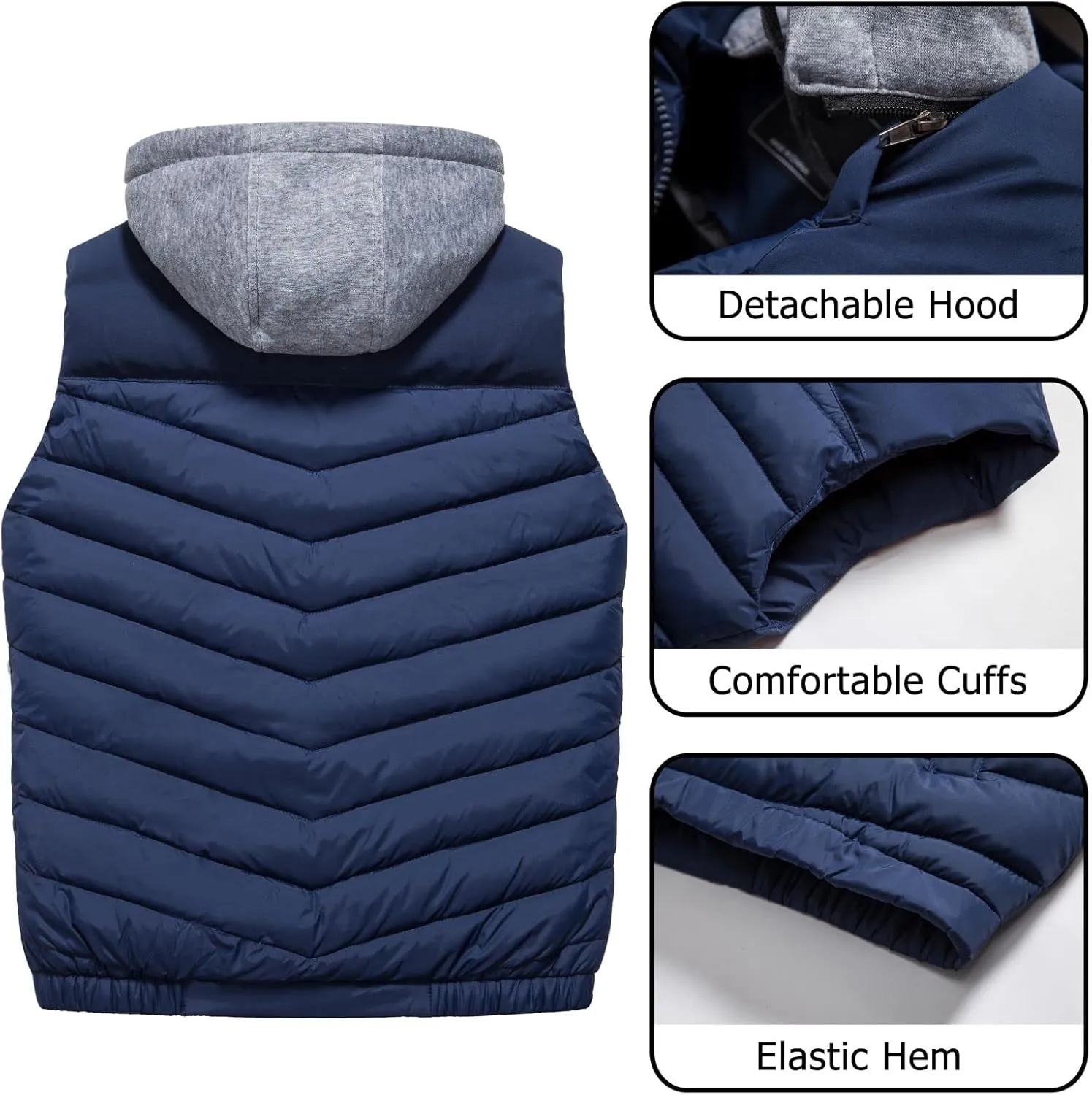 Vcansion Men's Outdoor Quilted Winter Vest Removable Hooded Puffer Sleeveless Jacket Padded Vest