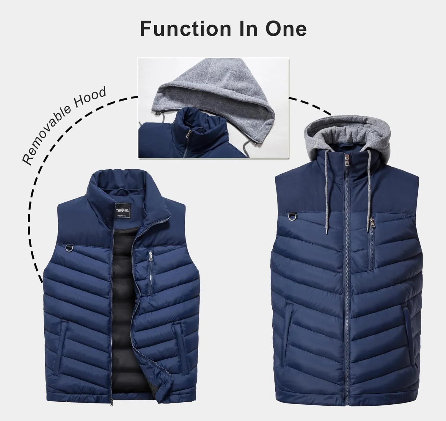 Vcansion Men's Outdoor Quilted Winter Vest Removable Hooded Puffer Sleeveless Jacket Padded Vest