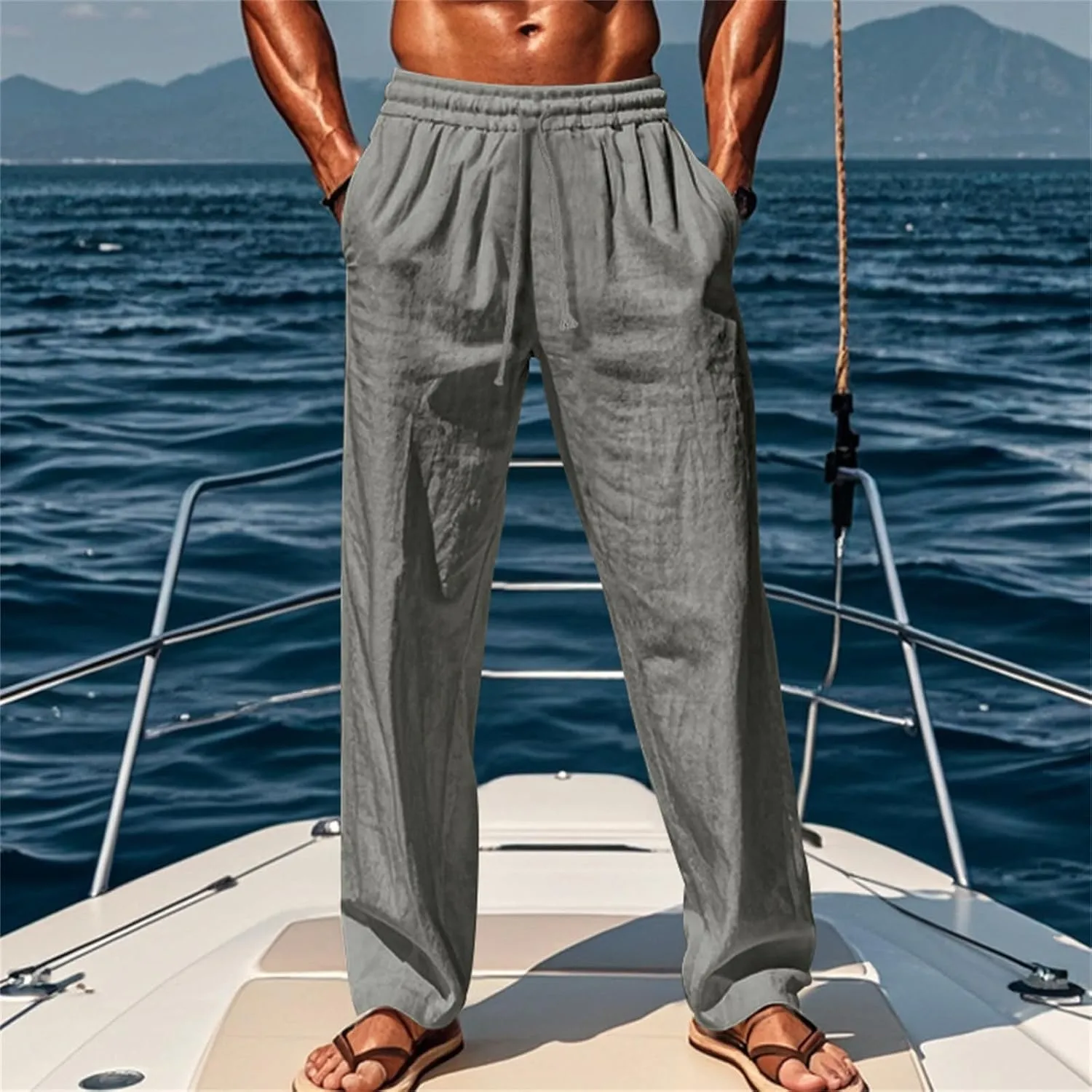 Vickyleb Mens Cotton Linen Pants Casual Straight Legs Loose Summer Beach Loose Trousers with Elastic Waist Drawstring