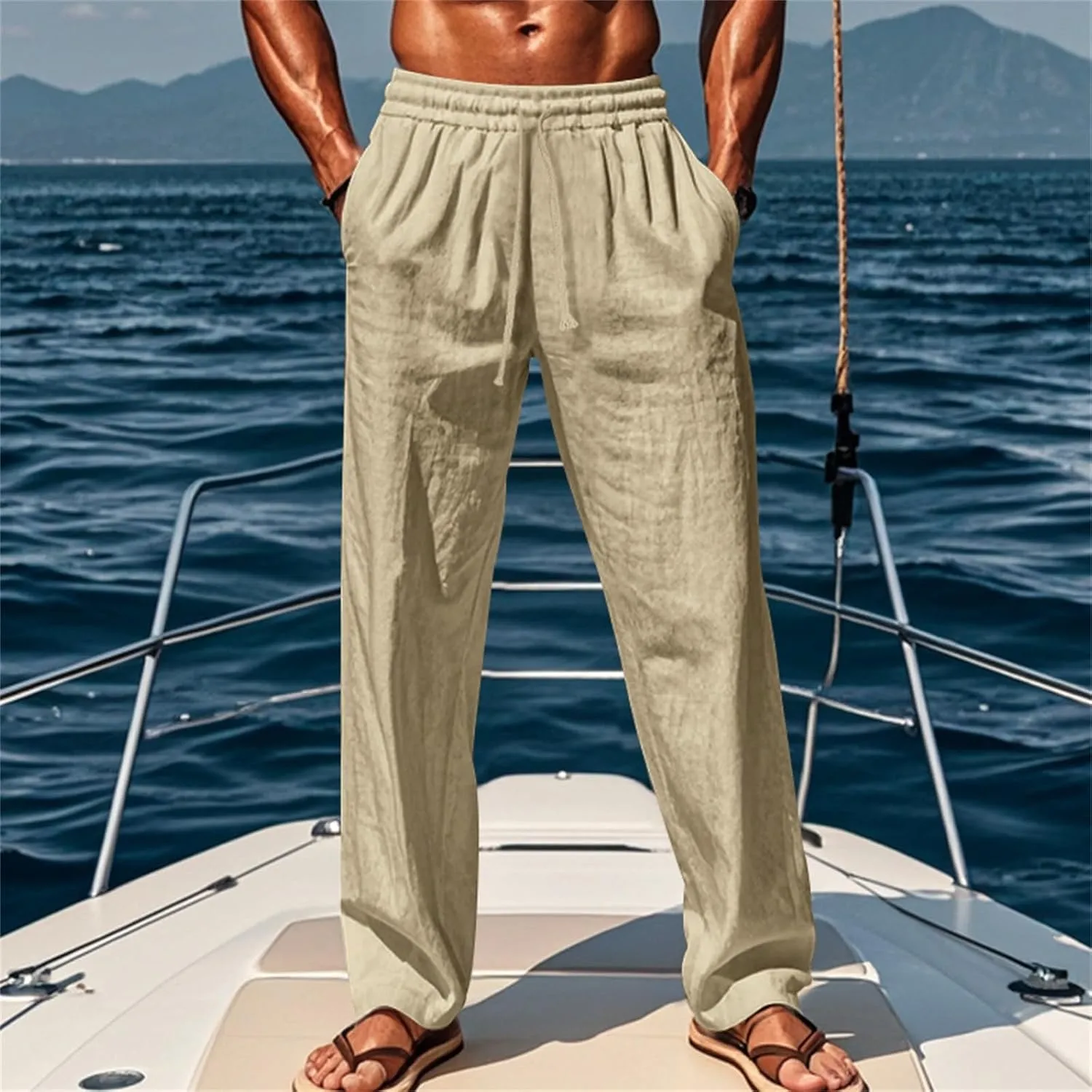Vickyleb Mens Cotton Linen Pants Casual Straight Legs Loose Summer Beach Loose Trousers with Elastic Waist Drawstring