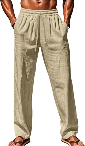 Vickyleb Mens Cotton Linen Pants Casual Straight Legs Loose Summer Beach Loose Trousers with Elastic Waist Drawstring