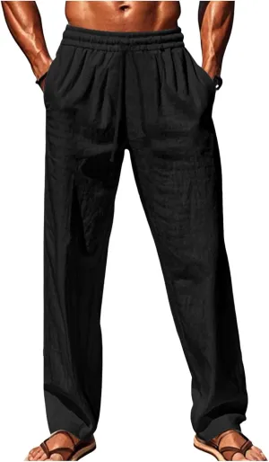 Vickyleb Mens Cotton Linen Pants Casual Straight Legs Loose Summer Beach Loose Trousers with Elastic Waist Drawstring