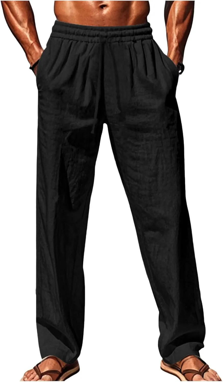 Vickyleb Mens Cotton Linen Pants Casual Straight Legs Loose Summer Beach Loose Trousers with Elastic Waist Drawstring