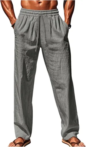 Vickyleb Mens Cotton Linen Pants Casual Straight Legs Loose Summer Beach Loose Trousers with Elastic Waist Drawstring