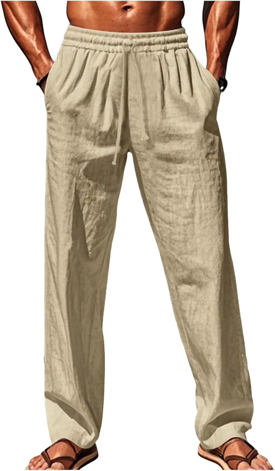 Vickyleb Mens Cotton Linen Pants Casual Straight Legs Loose Summer Beach Loose Trousers with Elastic Waist Drawstring