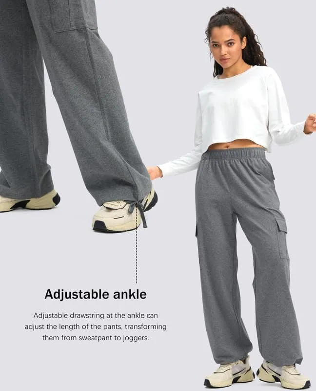 Viodia Womens Cargo Sweatpants High Waisted Wide Leg Baggy Cotton Pants Straight Leg Loose Joggers for Casual Lounge