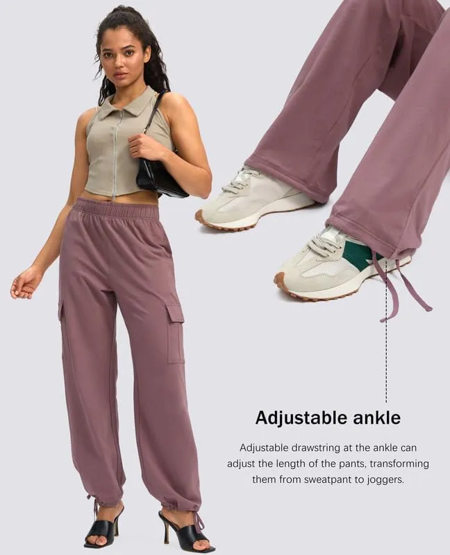 Viodia Womens Cargo Sweatpants High Waisted Wide Leg Baggy Cotton Pants Straight Leg Loose Joggers for Casual Lounge