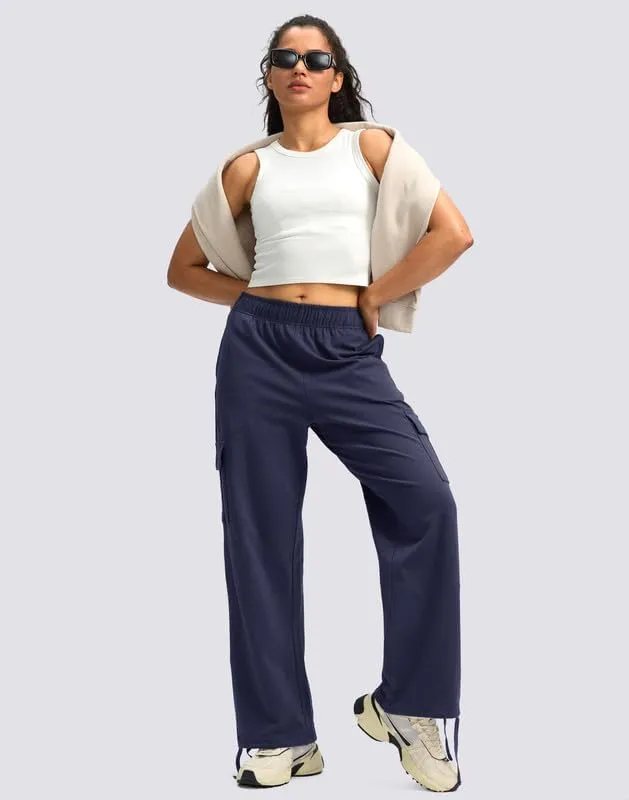 Viodia Womens Cargo Sweatpants High Waisted Wide Leg Baggy Cotton Pants Straight Leg Loose Joggers for Casual Lounge