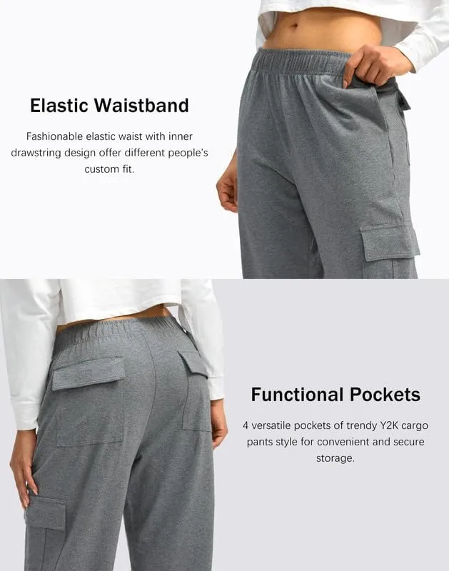 Viodia Womens Cargo Sweatpants High Waisted Wide Leg Baggy Cotton Pants Straight Leg Loose Joggers for Casual Lounge