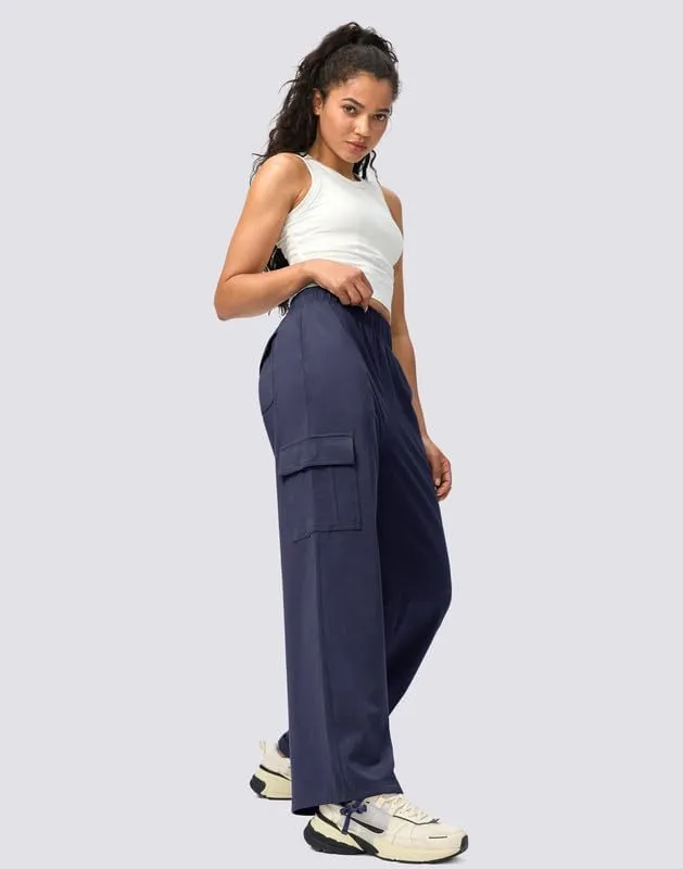 Viodia Womens Cargo Sweatpants High Waisted Wide Leg Baggy Cotton Pants Straight Leg Loose Joggers for Casual Lounge
