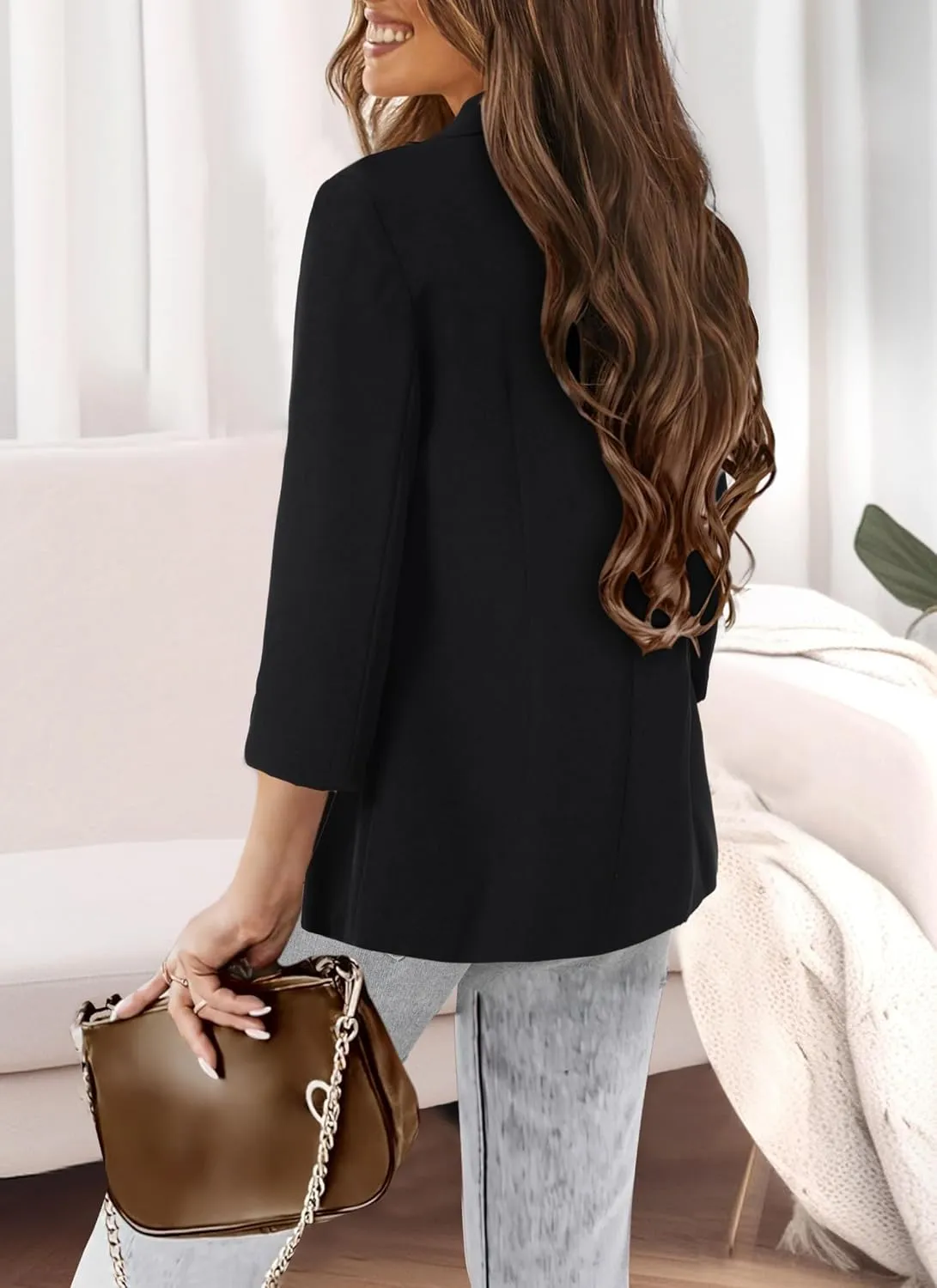 Vrtige Women's Casual Blazer Open Front Lapel Button Long Sleeve Work Office Jacket Suit