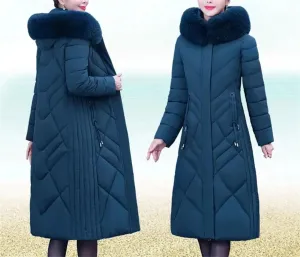 Warm Winter Cotton-Padded Coat for Middle-Aged Women Hooded Zippered Long Parka