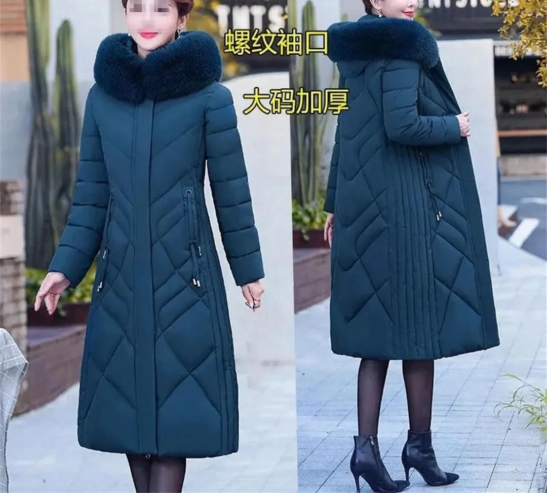 Warm Winter Cotton-Padded Coat for Middle-Aged Women Hooded Zippered Long Parka