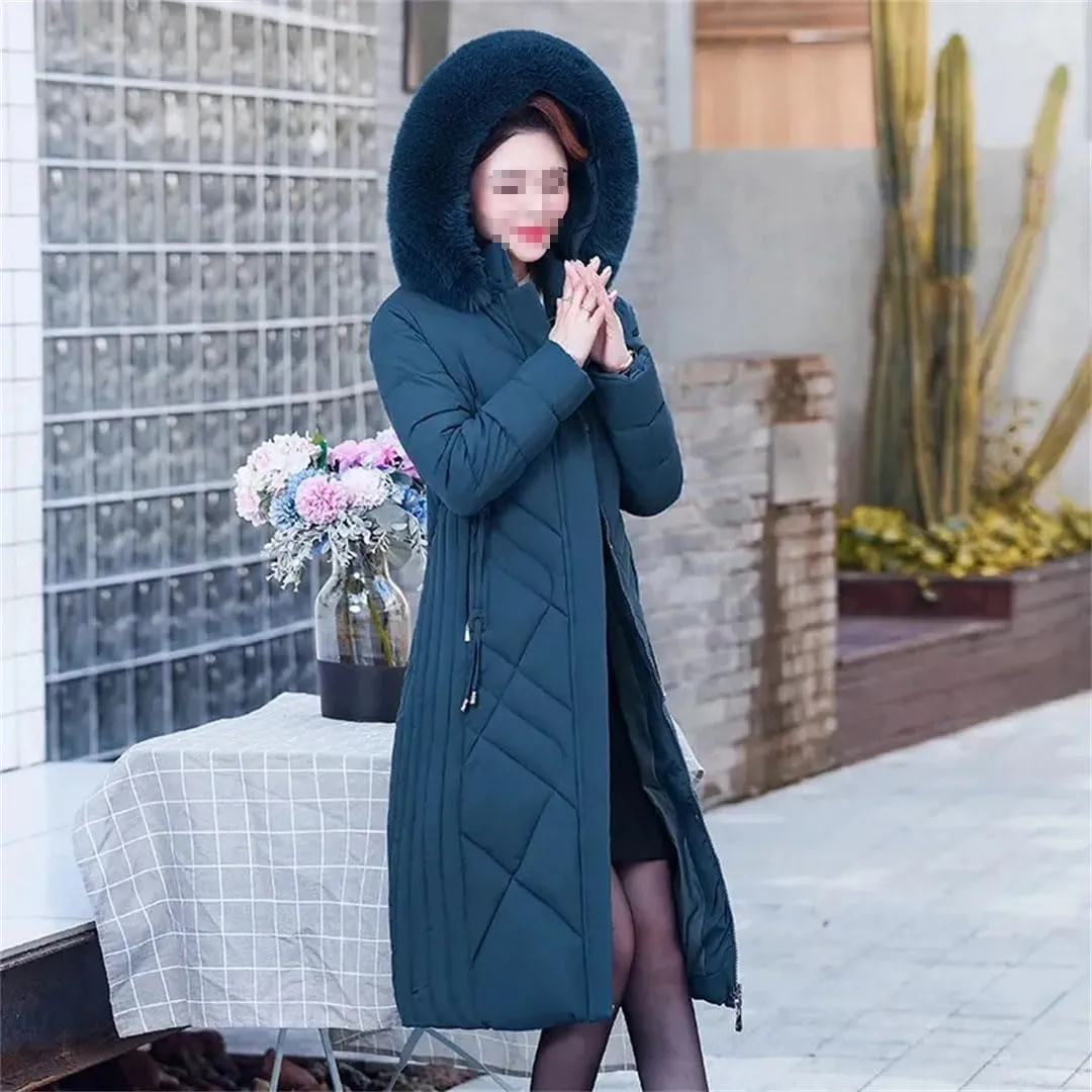 Warm Winter Cotton-Padded Coat for Middle-Aged Women Hooded Zippered Long Parka