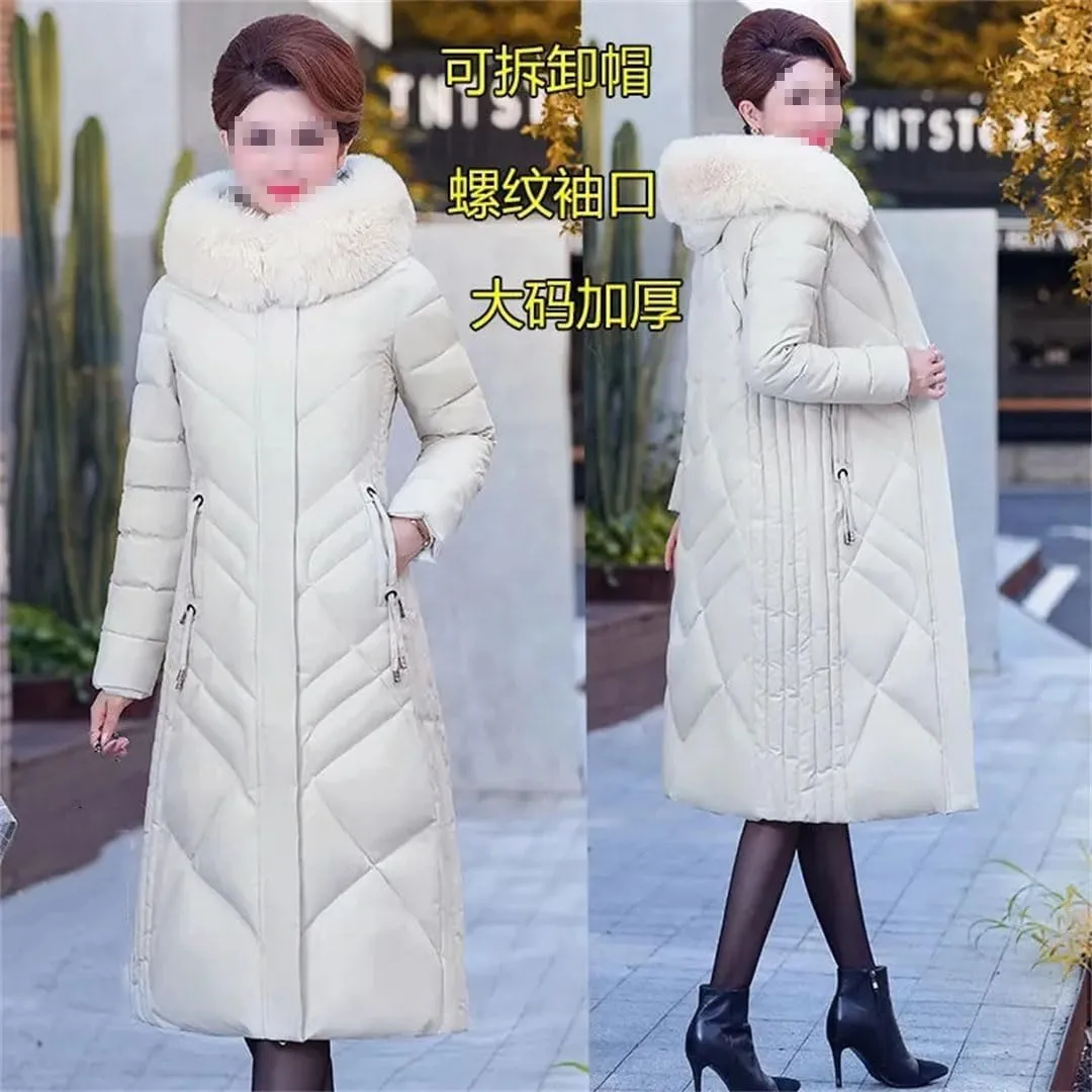 Warm Winter Cotton-Padded Coat for Middle-Aged Women Hooded Zippered Long Parka