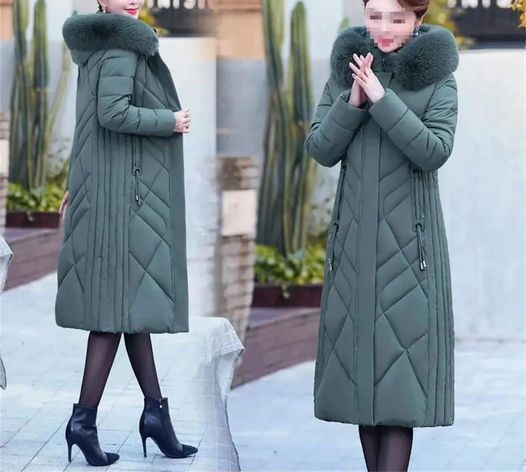 Warm Winter Cotton-Padded Coat for Middle-Aged Women Hooded Zippered Long Parka