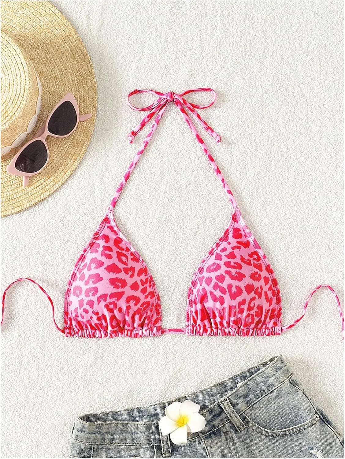 WDIRARA Women's Y2k Leopard Graphic Triangle Bikini Top Micro Halter Swimsuit Tops