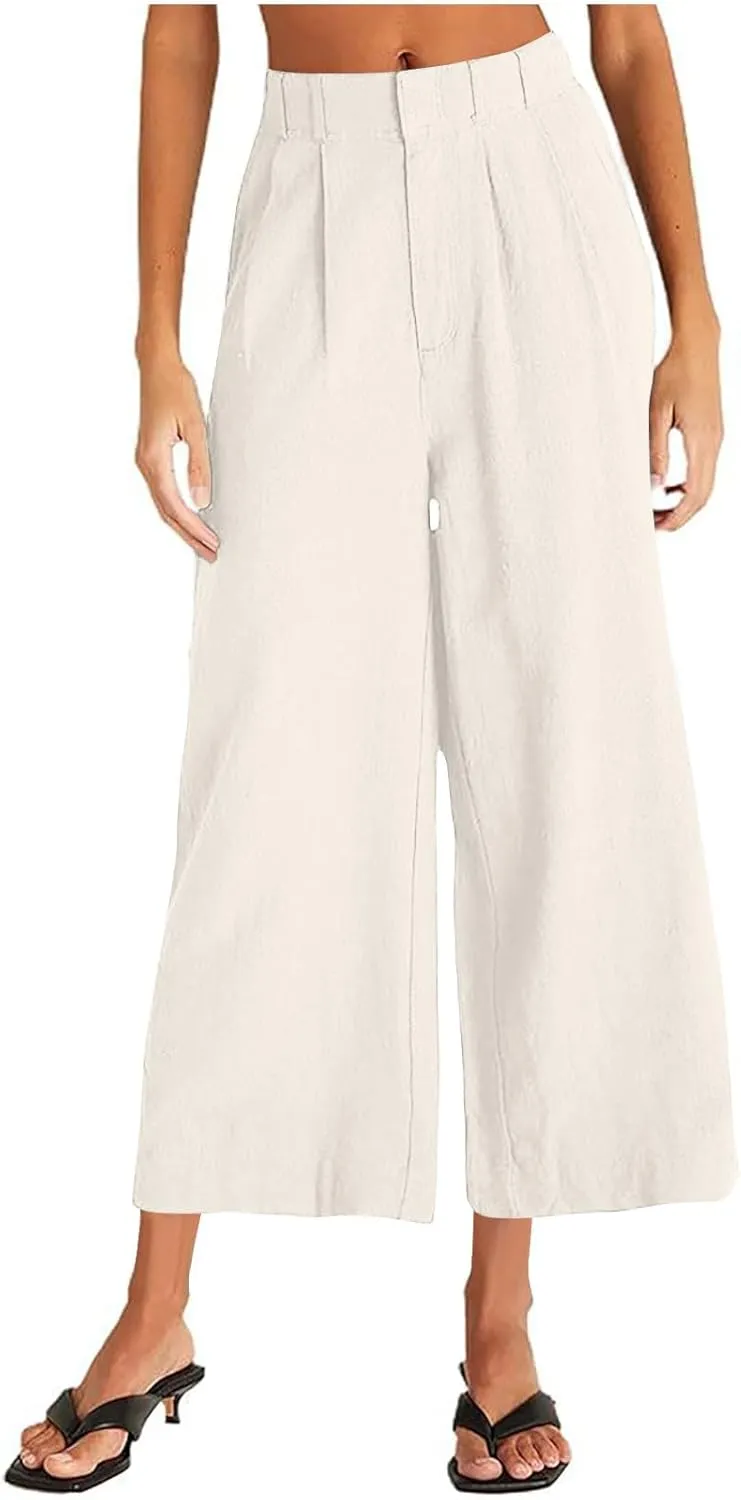 Wide Leg Pants Woman Summer Linen High Waisted Flowy Pleated Capri Pants 2025 Fashion Dressy Casual Cropped Trousers