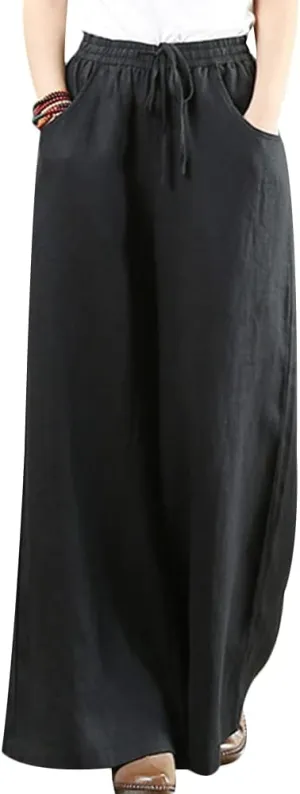 Wide Leg Trousers for Women Loose Fit Cotton Linen Elastic High Waist Pants with Pockets