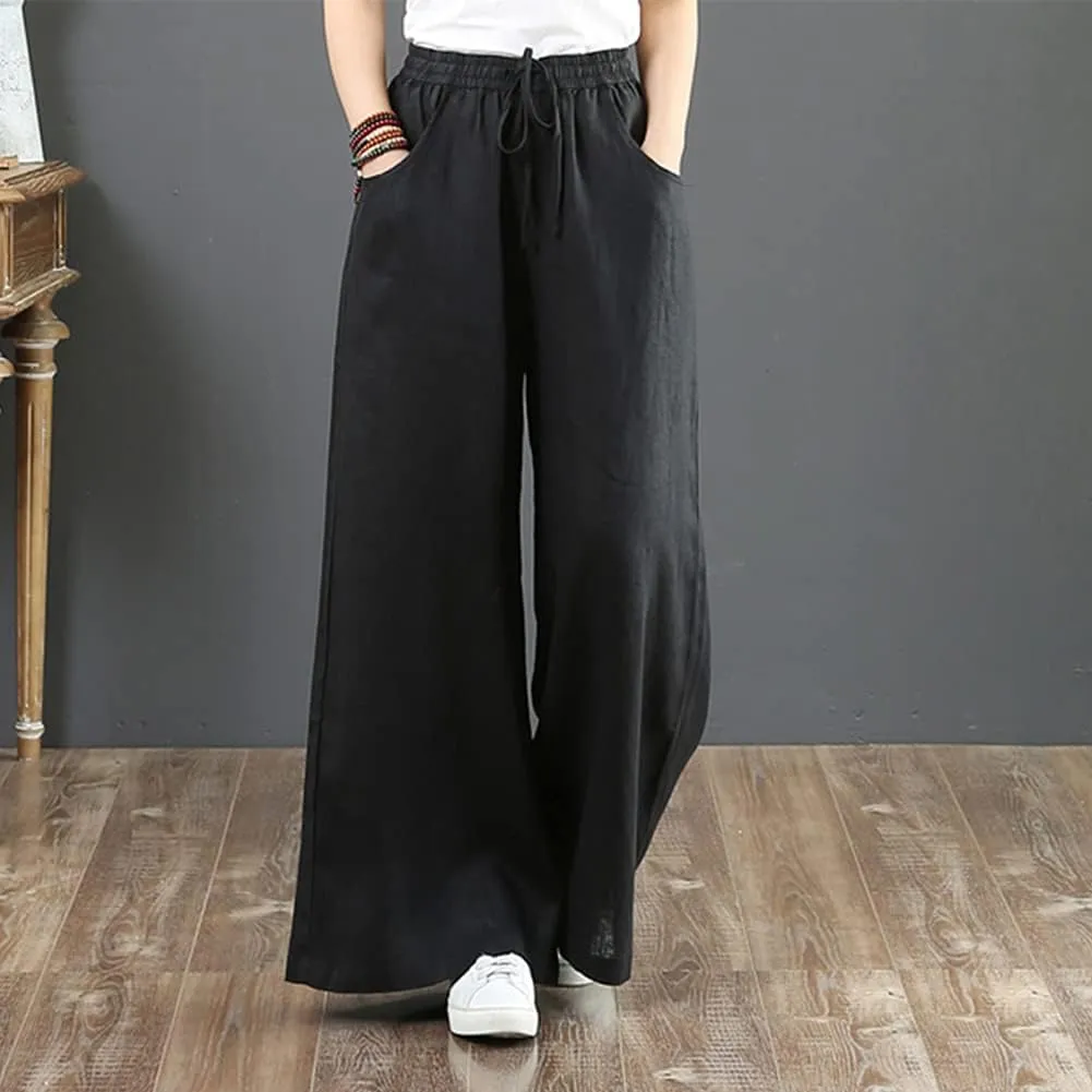 Wide Leg Trousers for Women Loose Fit Cotton Linen Elastic High Waist Pants with Pockets
